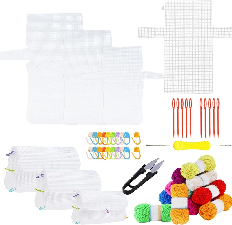 Allazone 58 PCS Clear Plastic Mesh Canvas Sheets for Embroidery, Plastic Mesh Sheets Plastic Canvas with 12 Color Acrylic Yarn for DIY Sewing Bag - Image 1